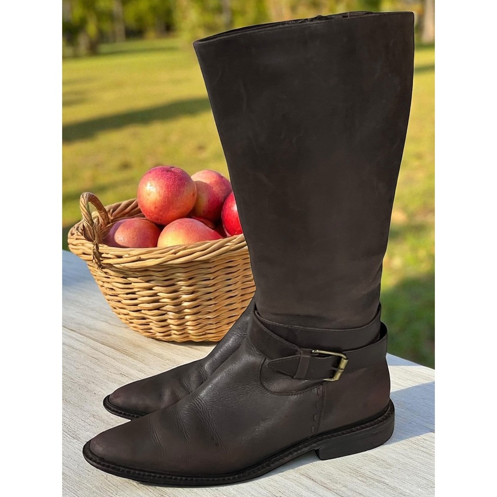 Eddie Bauer Brown Leather Knee High Riding Buckle Pointed Toe Boots‎